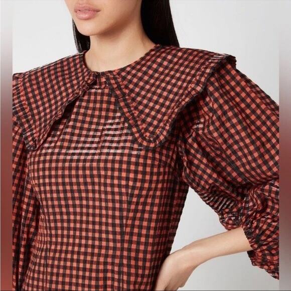 Ganni Iridescent Checked Seersucker Mini Dres Orange black sz 36 - Picture 2 of 11